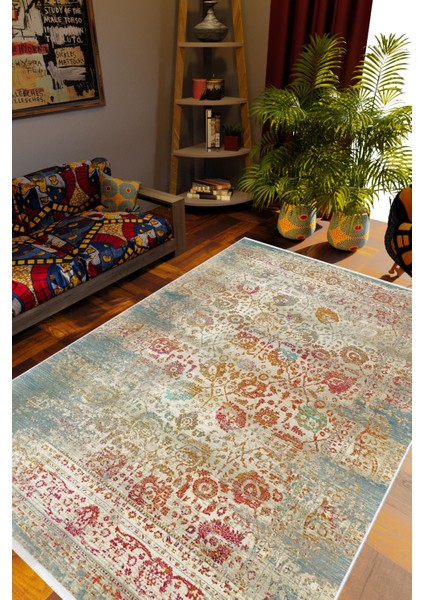 Salon Halısı Otantik Eskitme Bej Kaydırmaz Kesme Yıkanabilir Ince Halı Tüysüz Kilim