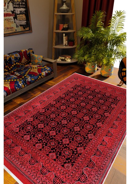 Kilim Desenli Otantik Eskitme Bordo Kaydırmaz Kesme Yıkanabilir Ince Halı