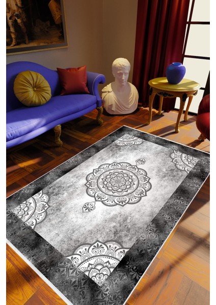 Salon Halısı Klasik Gümüş Siyah Gri Kaydırmaz Kesme Yıkanabilir Ince Halı Tüysüz Kilim