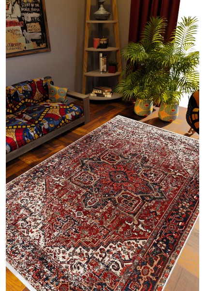 Salon Halısı Otantik Eskitme Bordo Kaydırmaz Kesme Yıkanabilir Ince Halı Tüysüz Kilim