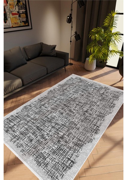 Salon Halısı Doku Eskitme Gri Siyah Kaydırmaz Kesme Yıkanabilir Ince Halı Tüysüz Kilim