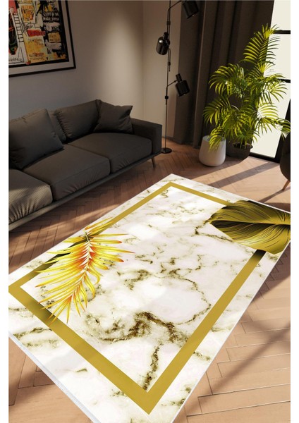 Salon Halısı Çiçekli Gold Ekru Beyaz Altın Kaydırmaz Yıkanabilir Ince Halı Tüysüz Kilim