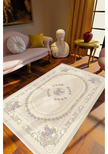 Salon Halısı Figürlü Çiçekli Kilim Motifli Bej Kaydırmaz Kesme Yıkanabilir Ince Halı Tüysüz Kilim