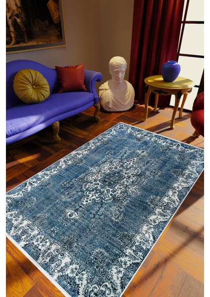 Salon Halısı Klasik Eskitme Mavi Kaydırmaz Kesme Yıkanabilir Ince Halı Tüysüz Kilim