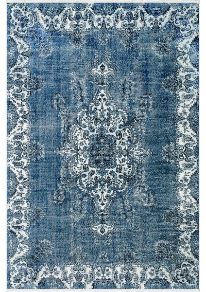 Salon Halısı Klasik Eskitme Mavi Kaydırmaz Kesme Yıkanabilir Ince Halı Tüysüz Kilim