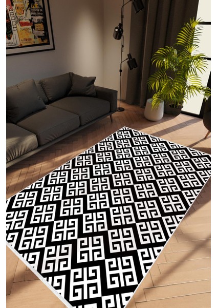 Modern Geometrik Siyah Beyaz Kaydırmaz Kesme Yıkanabilir Ince Halı