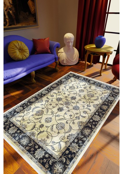 Salon Halısı Klasik Lacivert Ekru Gri Siyah Kaydırmaz Kesme Yıkanabilir Ince Halı Tüysüz Kilim