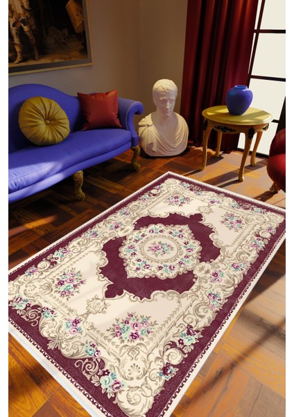 Salon Halısı Figürlü Çiçekli Bordo Ekru Kaydırmaz Kesme Yıkanabilir Ince Halı Tüysüz Kilim