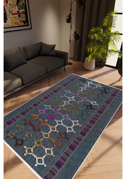 Salon Halısı Modern Geometrik Mor Gri Kaydırmaz Kesme Yıkanabilir Ince Halı Tüysüz Kilim