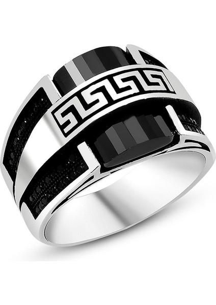 Özel Tasarım Zirkon Taş Işlemeli Siyah Oniks Taşlı 925 Ayar Gümüş Erkek Yüzük fiyatları