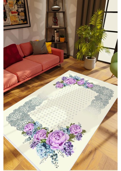 Salon Halısı Figürlü Çiçekli Ekru Gri Krem Kaydırmaz Kesme Yıkanabilir Ince Halı Tüysüz Kilim