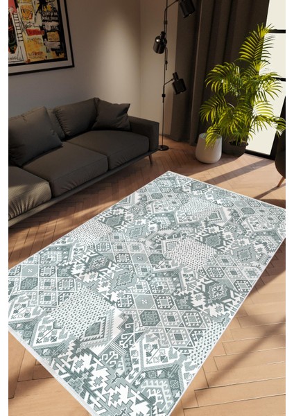 Salon Halısı Modern Patchwork Gri Kaydırmaz Kesme Yıkanabilir Ince Halı Tüysüz Kilim