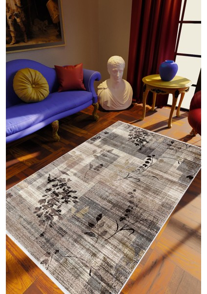 Salon Halısı Figürlü Çiçekli Kahverengi Kaydırmaz Kesme Yıkanabilir Ince Halı Tüysüz Kilim