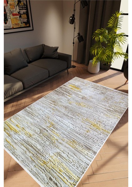 Salon Halısı Doku Eskitme Gri Gold Kaydırmaz Kesme Yıkanabilir Ince Halı Tüysüz Kilim