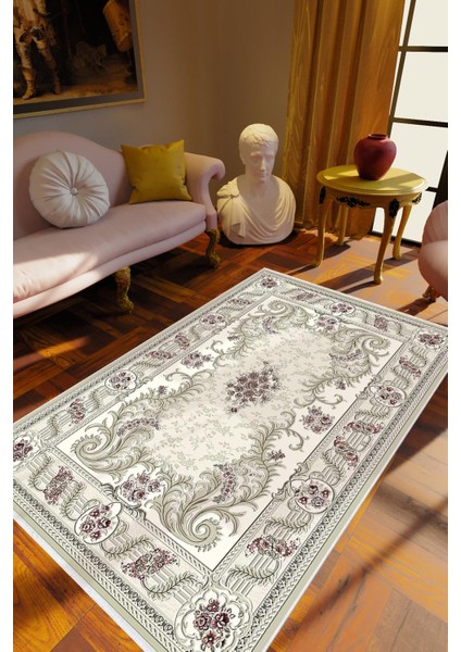 Figürlü Çiçekli Kilim Motifli Yeşil Gri Kaydırmaz Kesme Yıkanabilir Ince Halı