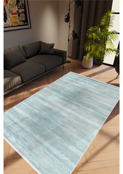 Modern Eskitme Turkuaz Mavi Kaydırmaz Kesme Yıkanabilir Ince Halı