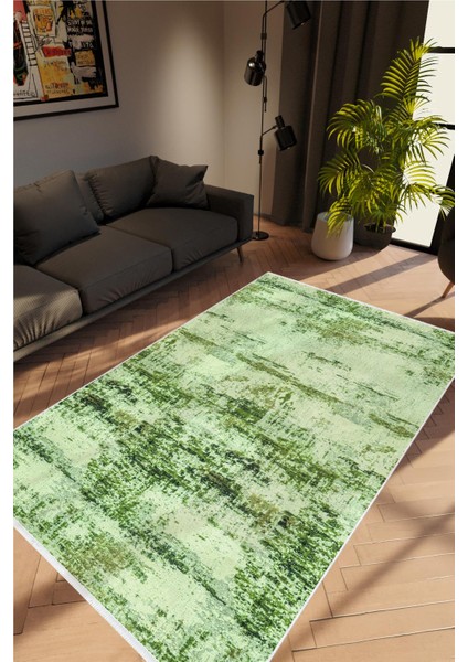 Salon Halısı Doku Eskitme Haki Yeşil Kaydırmaz Kesme Yıkanabilir Ince Halı Tüysüz Kilim