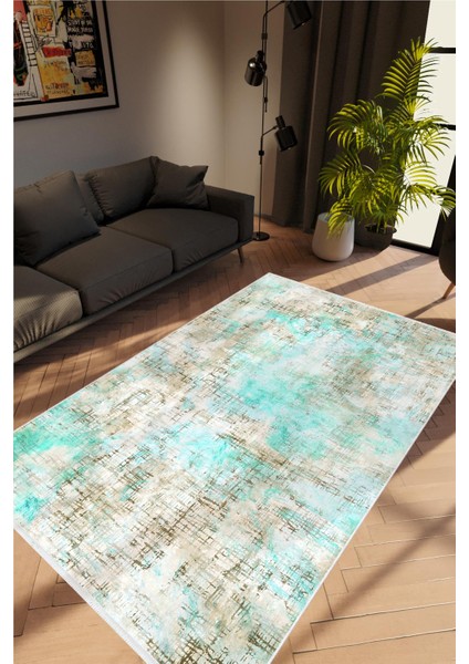 Salon Halısı Doku Eskitme Turkuaz Kaydırmaz Kesme Yıkanabilir Ince Halı Tüysüz Kilim