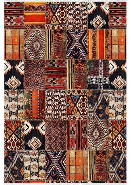 Salon Halısı Otantik Eskitme Patchwork Turuncu Kaydırmaz Kesme Yıkanabilir Ince Halı Tüysüz Kilim