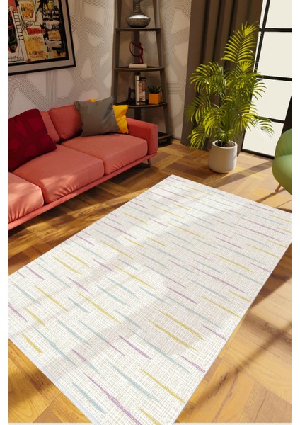 Salon Halısı Eskitme Çizgili Gri Sarı Mavi Kaydırmaz Kesme Yıkanabilir Ince Halı Tüysüz Kilim