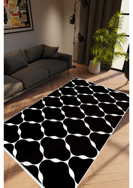 Modern Geometrik Siyah Beyaz Kaydırmaz Kesme Yıkanabilir Ince Halı