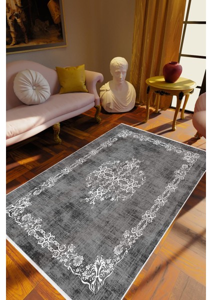 Salon Halısı Klasik Siyah Gri Kaydırmaz Kesme Yıkanabilir Ince Halı Tüysüz Kilim