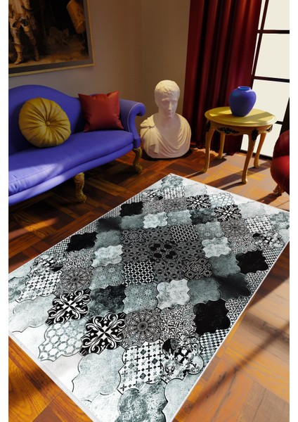 Salon Halısı Eskitme Klasik Fas Desen Gri Siyah Beyaz Kaydırmaz Yıkanabilir Ince Halı Tüysüz Kilim