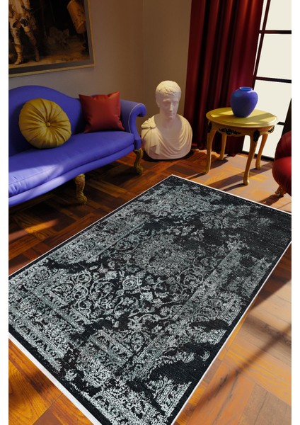 Salon Halısı Klasik Eskitme Siyah Gri Kaydırmaz Kesme Yıkanabilir Ince Halı Tüysüz Kilim