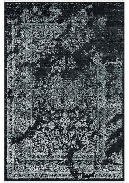 Salon Halısı Klasik Eskitme Siyah Gri Kaydırmaz Kesme Yıkanabilir Ince Halı Tüysüz Kilim