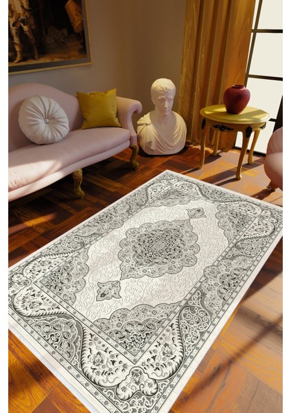 Salon Halısı Klasik Gri Beyaz Kaydırmaz Kesme Yıkanabilir Ince Halı Tüysüz Kilim