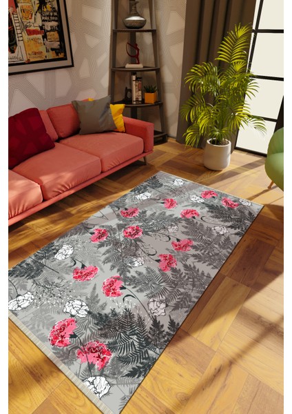 Modern Çiçekli Gri Dijital Baskı Halı Kaydırmaz Ince Yıkanabilir