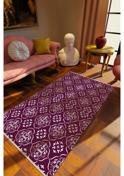 Klasik Mor Dijital Baskı Halı Kaydırmaz Ince Yıkanabilir