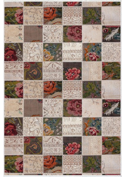 Salon Halısı Modern Patchwork Bej Kaydırmaz Kesme Yıkanabilir Ince Halı Tüysüz Kilim