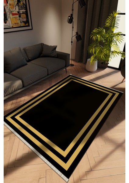 Modern Siyah Dijital Baskı Halı Kaydırmaz Ince Yıkanabilir