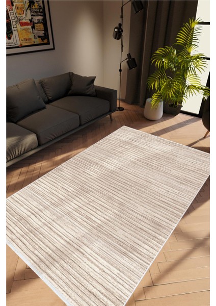 Salon Halısı Modern Eskitme Kahverengi Bej Kaydırmaz Kesme Yıkanabilir Ince Halı Tüysüz Kilim