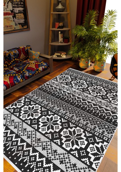 Salon Halısı Kilim Otantik Eskitme Siyah Gri Kaydırmaz Yıkanabilir Ince Halı Tüysüz Kilim