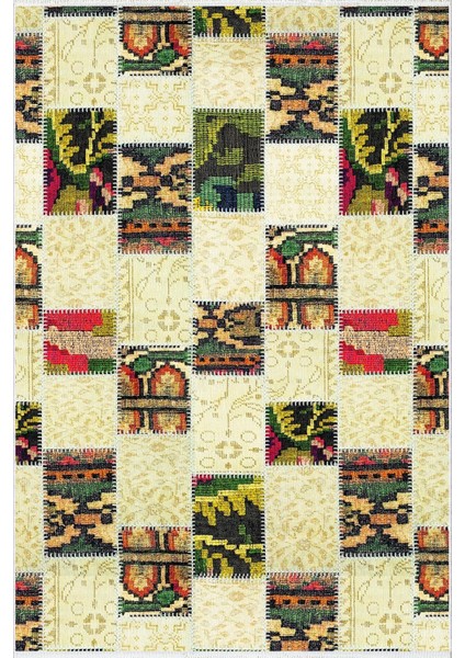 Salon Halısı Eskitme Patchwork Bej Kaydırmaz Kesme Yıkanabilir Ince Halı Tüysüz Kilim