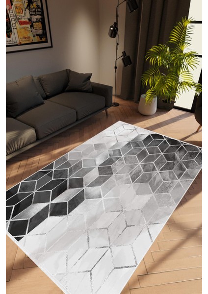 Salon Halısı Eskitme Geometrik Gri Siyah Kaydırmaz Kesme Yıkanabilir Ince Halı Tüysüz Kilim