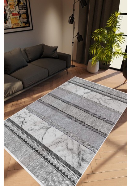 Salon Halısı Modern Çizgili Gri Kaydırmaz Kesme Yıkanabilir Ince Halı Tüysüz Kilim
