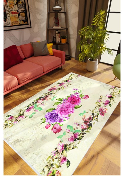 Salon Halısı Figürlü Çiçekli Ekru Krem Pembe Mor Kaydırmaz Kesme Yıkanabilir Ince Halı Tüysüz Kilim