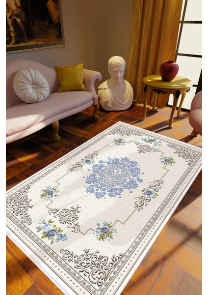 Salon Halısı Figürlü Çiçekli Mavi Beyaz Gri Kaydırmaz Kesme Yıkanabilir Ince Halı Tüysüz Kilim