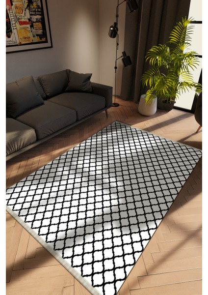 Modern Siyah Dijital Baskı Halı Kaydırmaz Ince Yıkanabilir