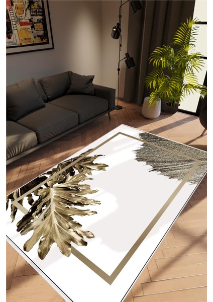 Salon Halısı Çiçekli Metalik Beyaz Krem Vizon Kaydırmaz Yıkanabilir Ince Halı Tüysüz Kilim