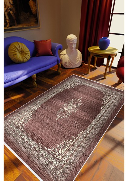 Salon Halısı Klasik Kahverengi Kaydırmaz Kesme Yıkanabilir Ince Halı Tüysüz Kilim