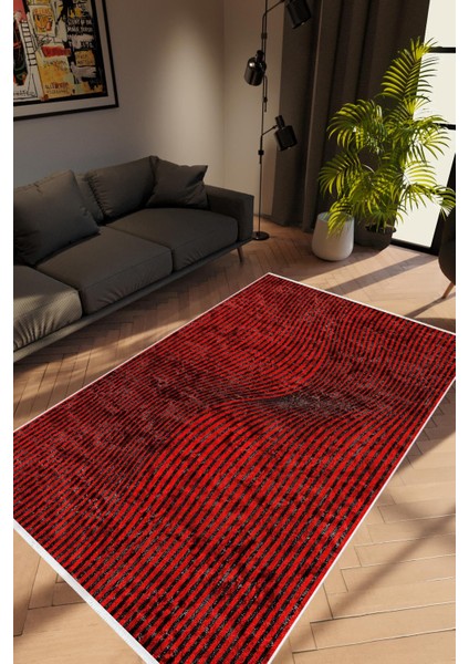 Salon Halısı Modern Geometrik Kırmızı Bordo Kaydırmaz Kesme Yıkanabilir Ince Halı Tüysüz Kilim