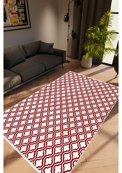 Modern Geometrik Bordo Kahverengi Beyaz Kaydırmaz Kesme Yıkanabilir Ince Halı