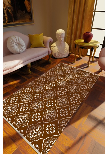 Klasik Hardal Dijital Baskı Halı Kaydırmaz Ince Yıkanabilir