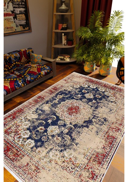 Kilim Desenli Otantik Eskitme Lacivert Kaydırmaz Kesme Yıkanabilir Ince Halı