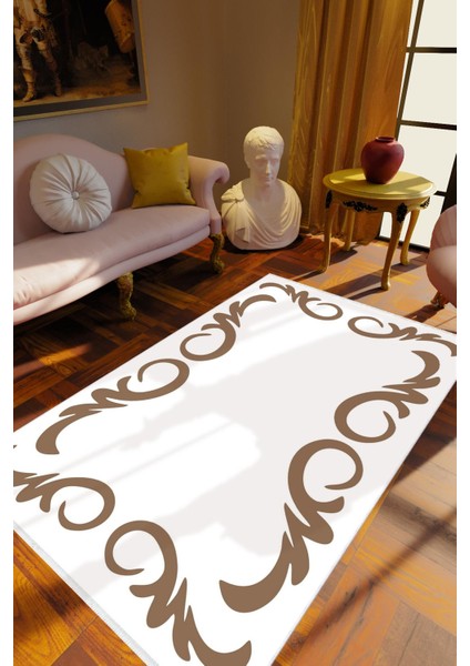 Salon Halısı Eskitme Klasik Kahverengi Beyaz Kaydırmaz Kesme Yıkanabilir Ince Halı Tüysüz Kilim
