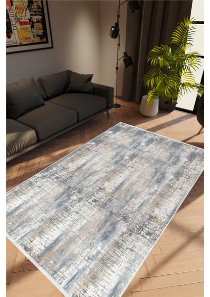 Salon Halısı Doku Eskitme Gri Beyaz Mavi Kaydırmaz Kesme Yıkanabilir Ince Halı Tüysüz Kilim